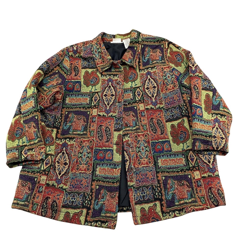 White‎ Stag Tapestry Jacket Women 22W 24W Multi Beaded Elephant Art Boho